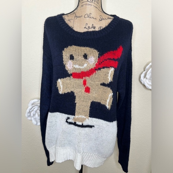 NTM Jolt Navy & Cream Gingerbread Man Ice Skating  Sweater Size Extra Large - Picture 5 of 14